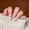 Handmade Press On Nail French Temperament Gentle Pink Cat Eye 3D Bow Star Shining Long Stiletto/Oval Fake Nail Patch Artificial Nail Reusable