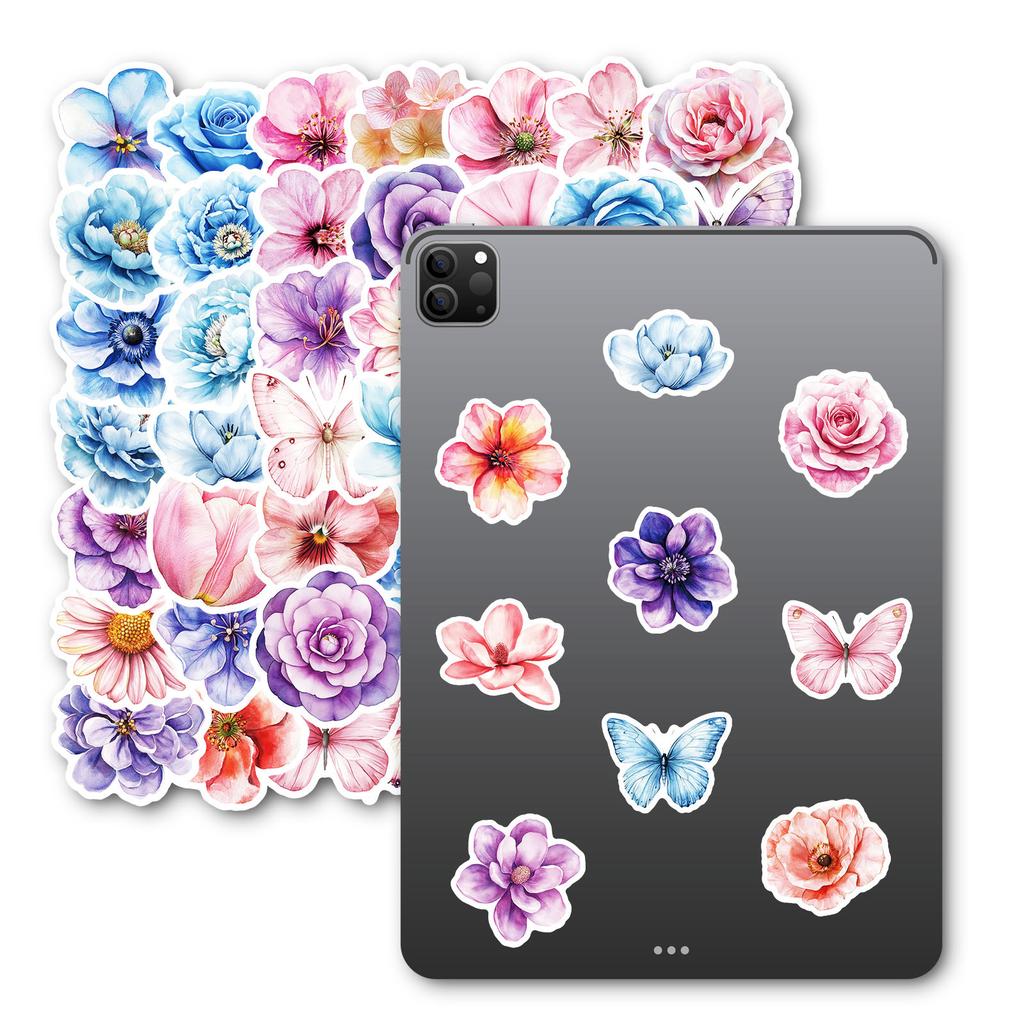 50PCS Aesthetic Watercolor Flower Stickers, Cute Floral Waterproof Graffiti Decorative Journal Stickers