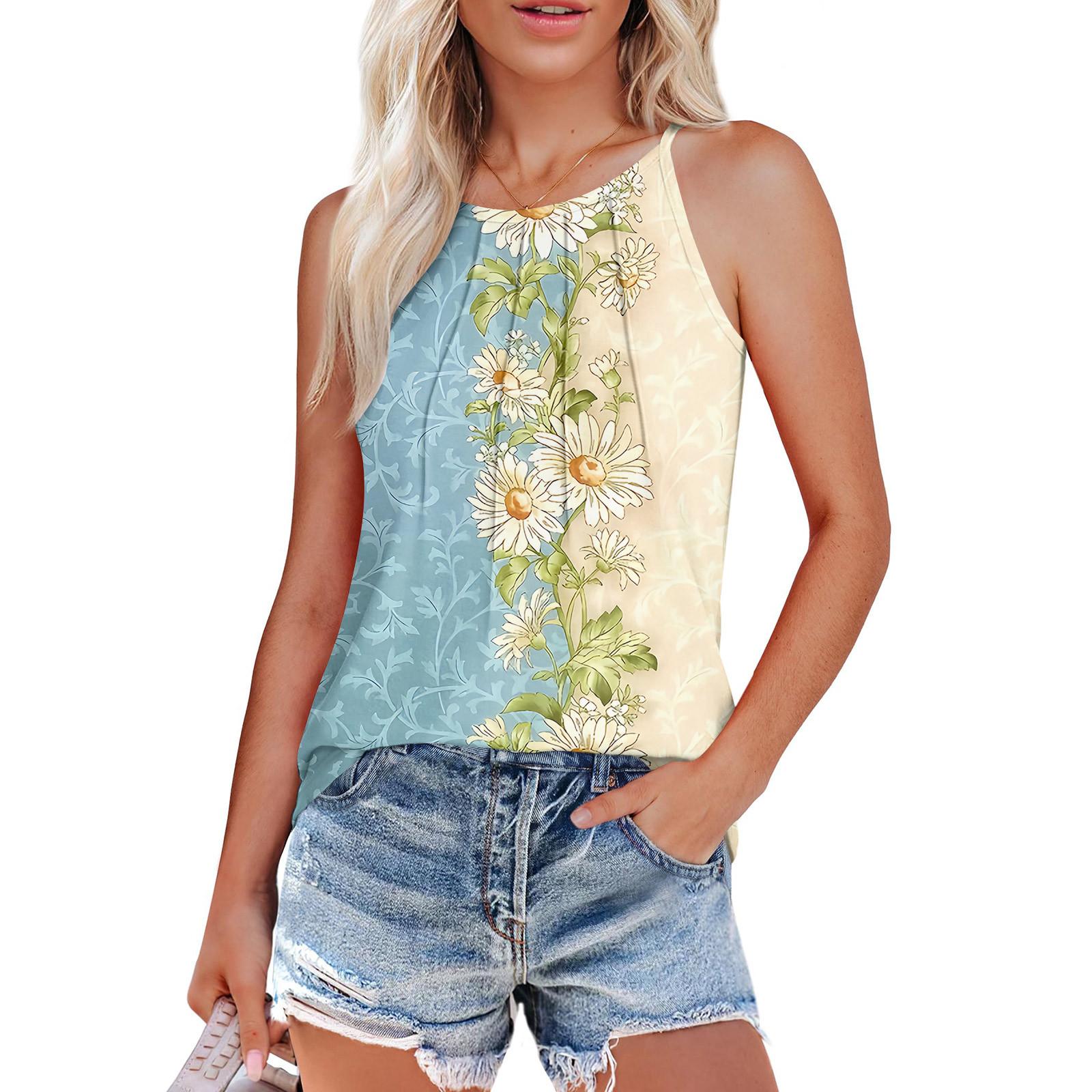 

Женские летние майки-топы с плиссировкой и принтом O-образного выреза, повседневные майки-топы для женщин, свободные рубашки без рукавов L синий