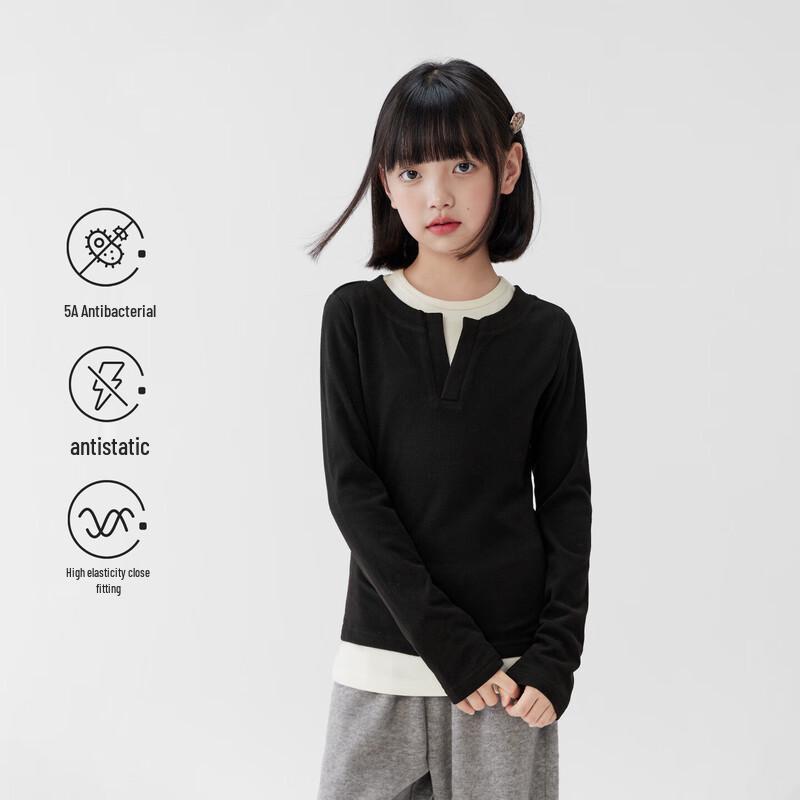 Zuoxi Girls  Faux Two-Piece Thermal V-Neck Long Sleeve T-Shirt 140