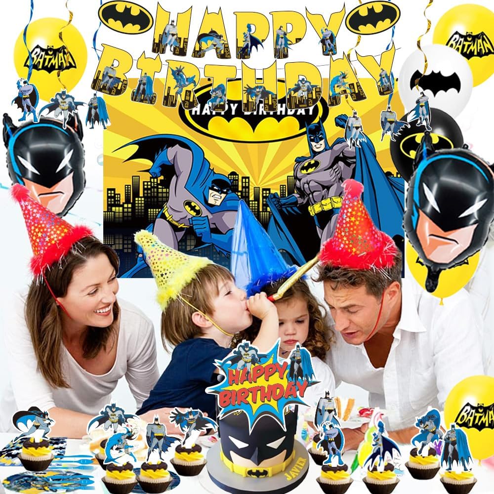 Bat Birthday Decorations, Hero Party Supplies Including Backdrop, Birthday Banner, Tablecloth, Hanging Swirls, Balloons, Cake Toppers, Plates, Forks