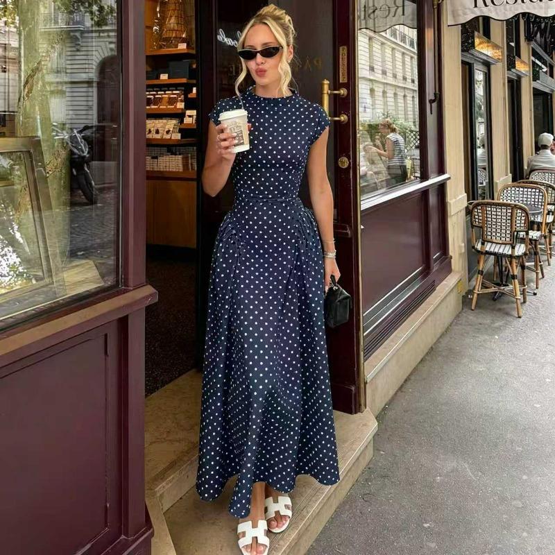 Women's Crew Neck Polka Dot Printed Maxi Dress Vintage Waist Defined