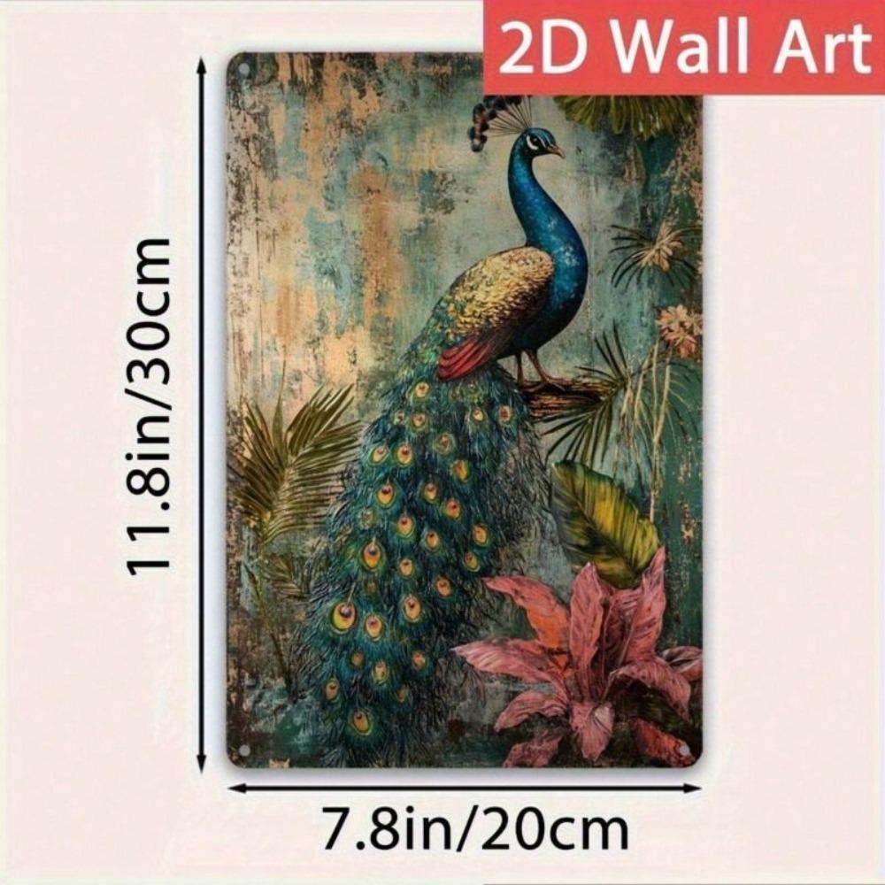 Vintage Metal Wall Art Peacock Tropical Garden Decor Aluminum 12x8in Bright Feathers Weatherproof