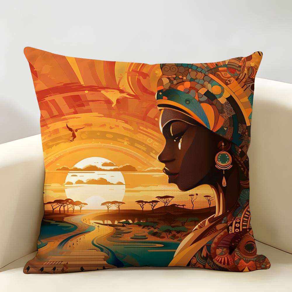 African American Woman Cushion Cover Natural Linen Organic Fabric DoubleSided Printing Room Sofa Decor Pillow Case