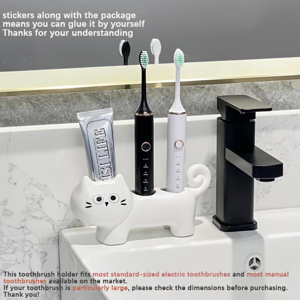 Creative Whimsical Cat-Shaped Ceramic Toothbrush Holder, Bathroom Vanity Countertop Organizer Dental Care Storage Stand
