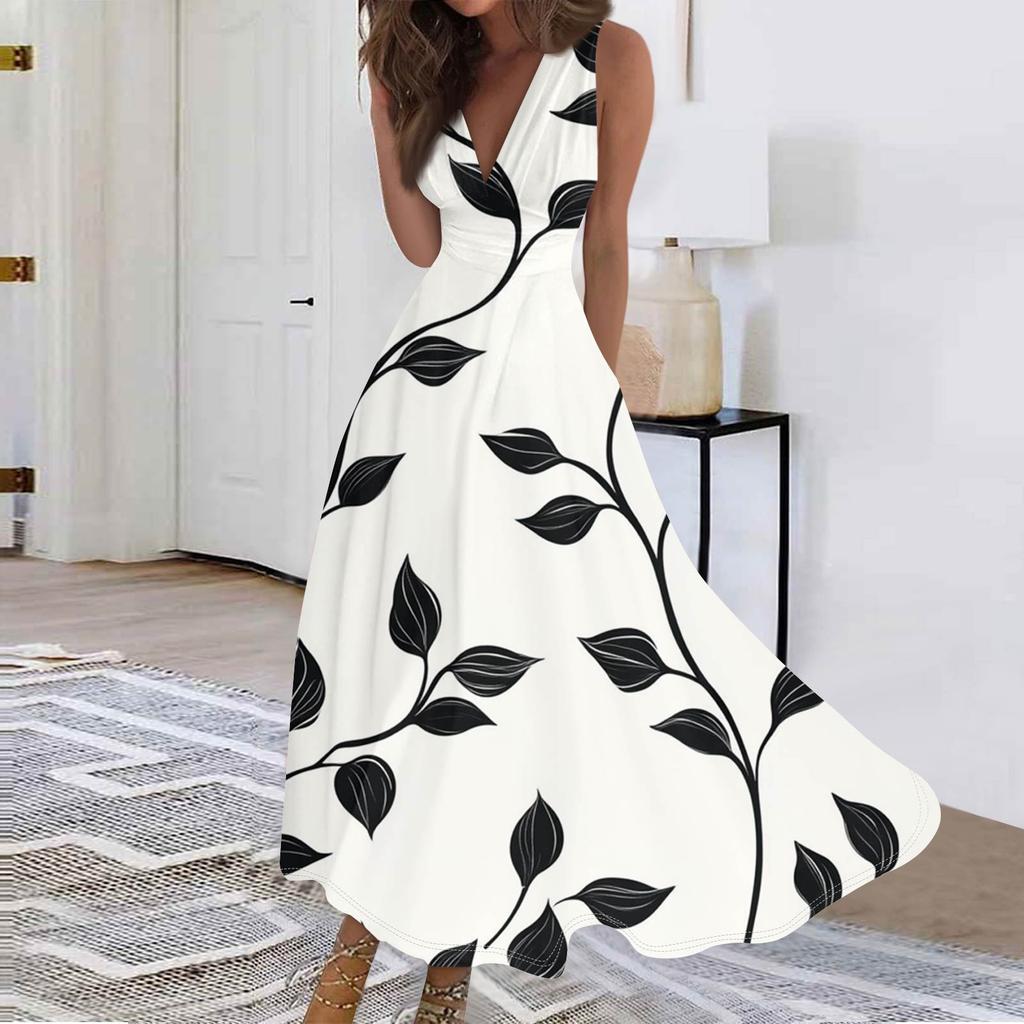 Mote dame avslappet løs V-hals ermeløs trykt kjole