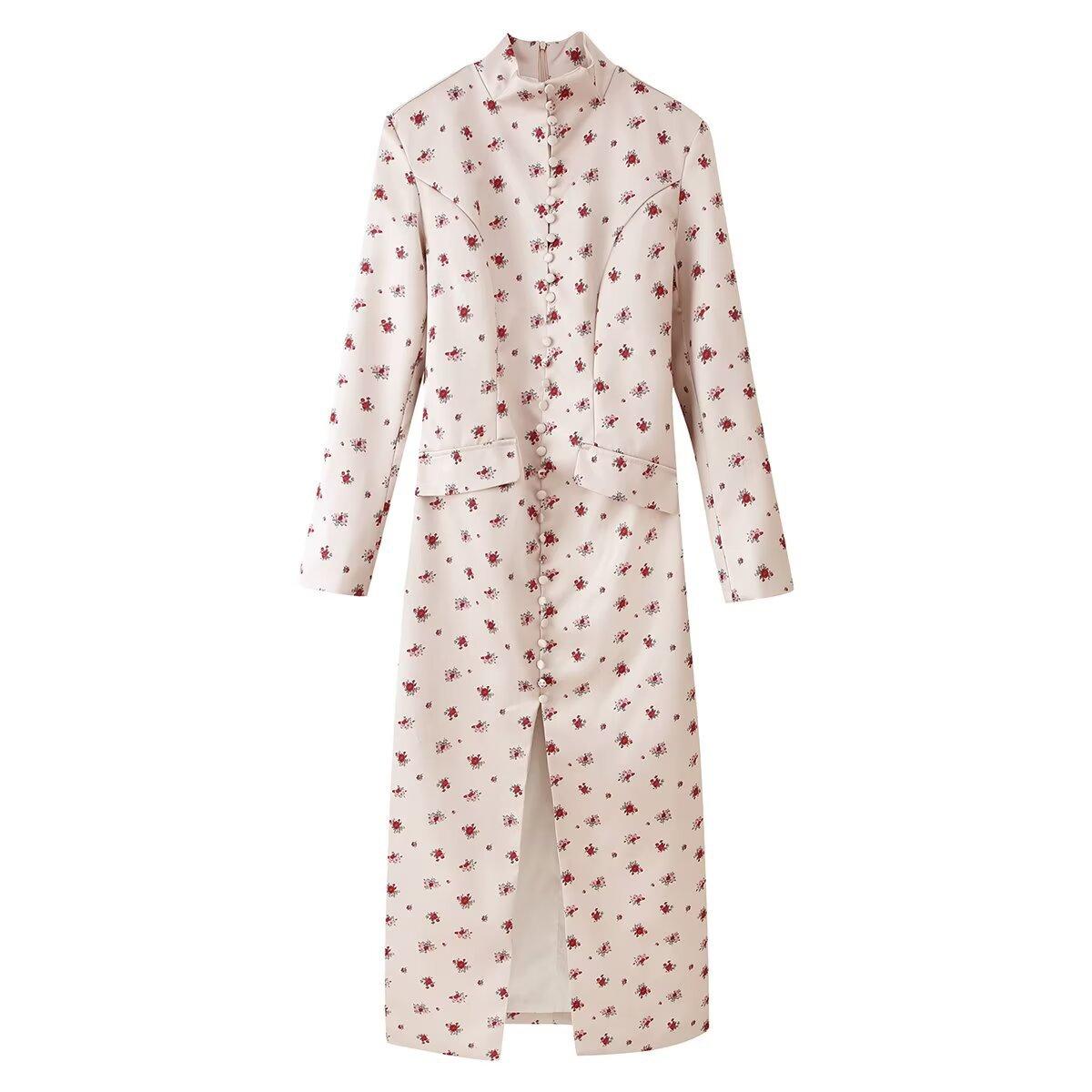 European and American style, new women s fashion, fashionable style, satin printed buttoned slit long dress S