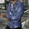 Men Collared Shirt Dark Blue Light Leaf Floral Silhouette Print Long Sleeve Button Down Top