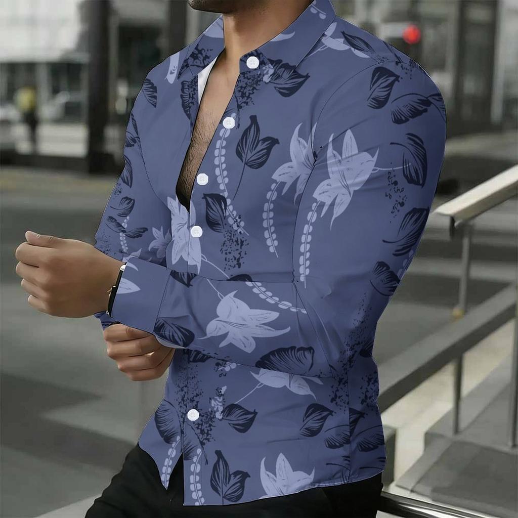 Men Collared Shirt Dark Blue Light Leaf Floral Silhouette Print Long Sleeve Button Down Top