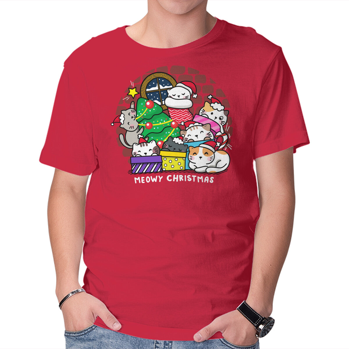 Unisex Crew Neck T-Shirt Merry Catmas Graphic Short Sleeve Casual Tee XS