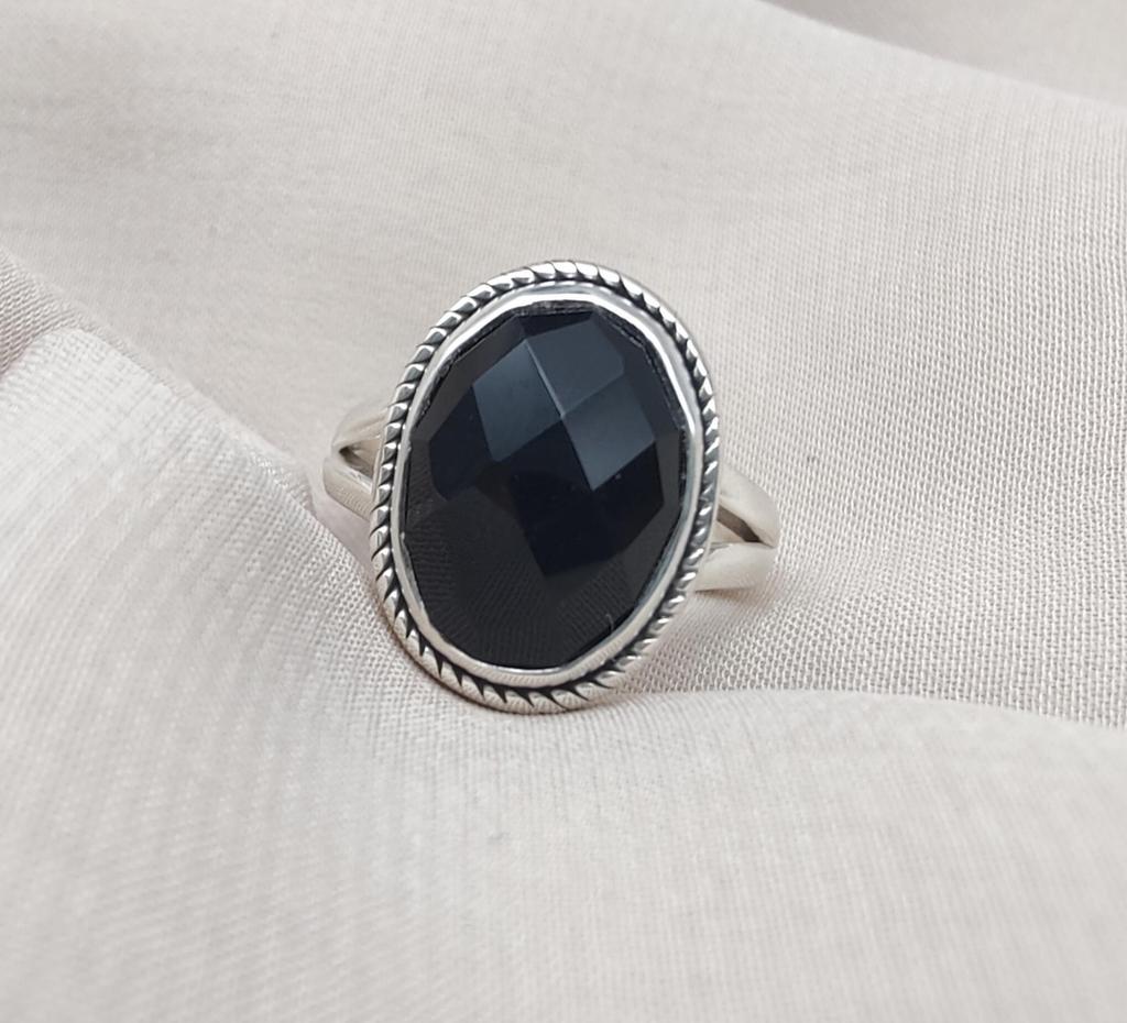 Black Onyx Ring: Faceted Oval Gemstone, 925 Sterling Silver, Boho Protection Jewelry