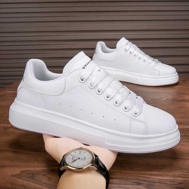 Men White Heel Contrast Platform Skate Sneakers Smooth Leather Thick Layered Sole Waterproof Daily Street Casual Board Shoes
