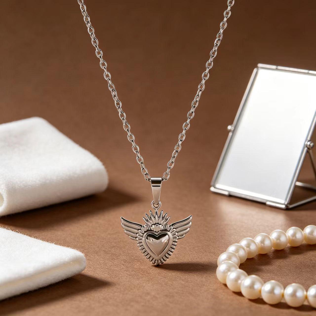 Gold, Silver, and Titanium Steel Retro Heart Wing Pendant Necklace with Clavicle Chain 18K