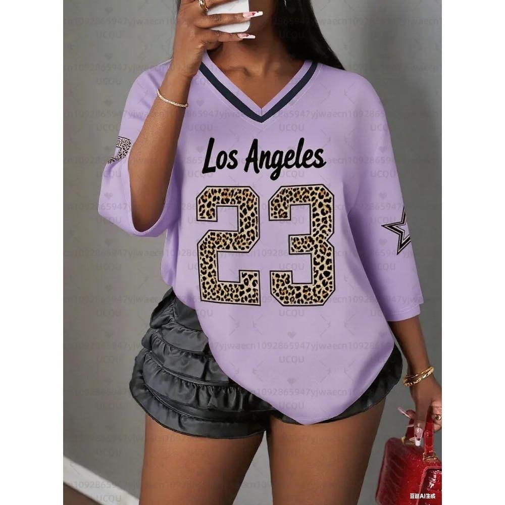 Printed V-neck short sleeved T-shirt, summer pattern T-shirt, baseball shirt, plus size sports T-shirt