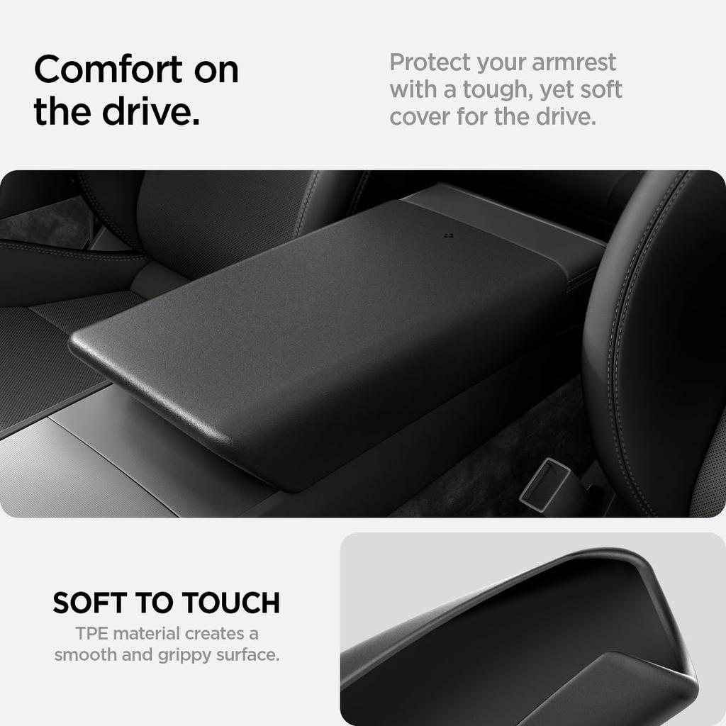 Spigen Center Console Armrest Cover for Tesla Model 3 2024 Refresh with EZ Instant Installation TO240H ACP07410 Non-Slip (Highland) Snap-On (Black)