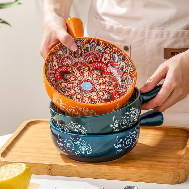 Ceramic Single Handle Bowl Bohemian Creative Relief Handle Bowl Salad Bowl Instant Noodles Dessert Bowl Home Decoration Bowl