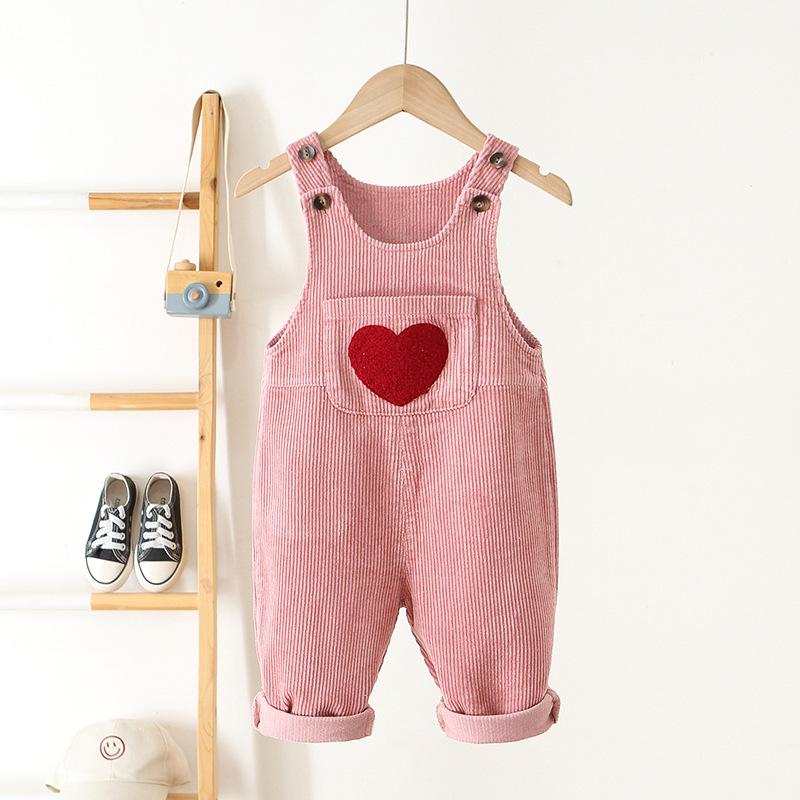 Korean-Style Kids Corduroy Overalls with Heart Embroidery - Unisex Jumpsuit 2026
