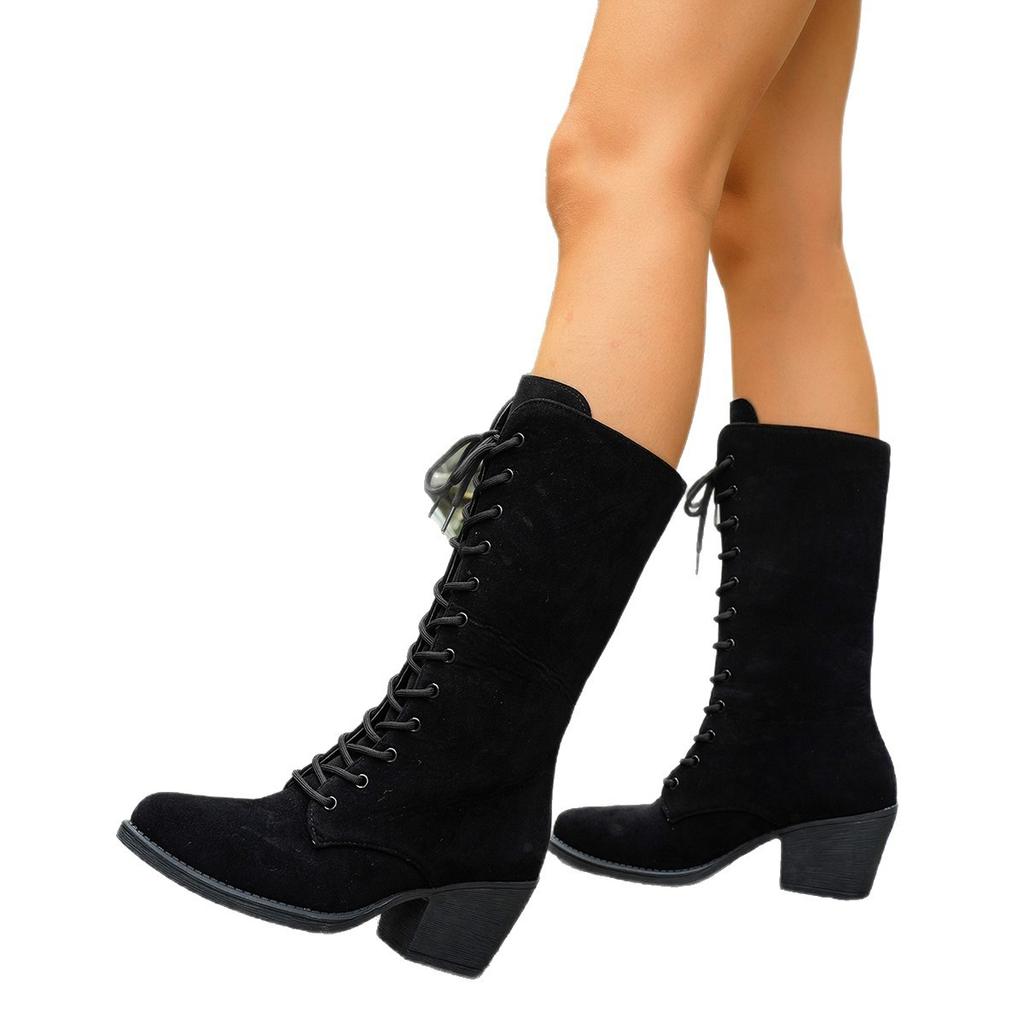 Large size European and American straps Roman knight boots women's autumn and winter new pointed thick high-heeled knight boots
