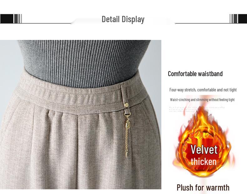 Damskie spodnie z wysokim stanem i podszewką z polaru 2025 - Wiosna/Jesień, Grube wełniane z prostymi nogawkami dla osób w średnim wieku i starszych