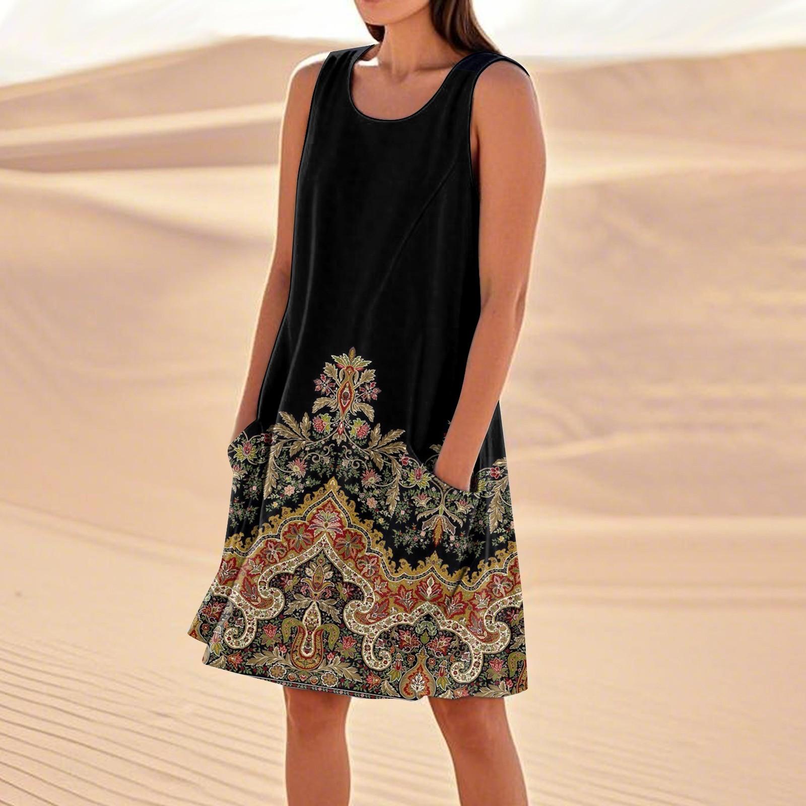 

Летние платья для женщин, свободные пляжные повседневные сарафаны без рукавов с карманами, платье-майка S коричневый