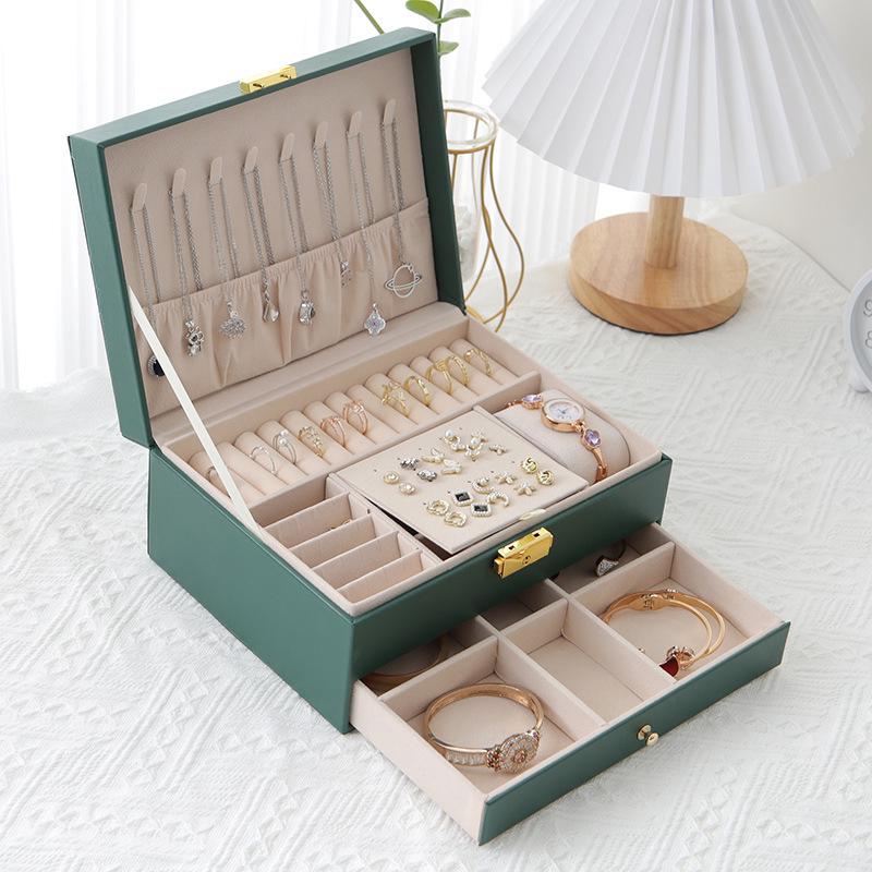 Double-Layer Leather Jewelry Box with Lock for Earrings and Handcrafted Accessories