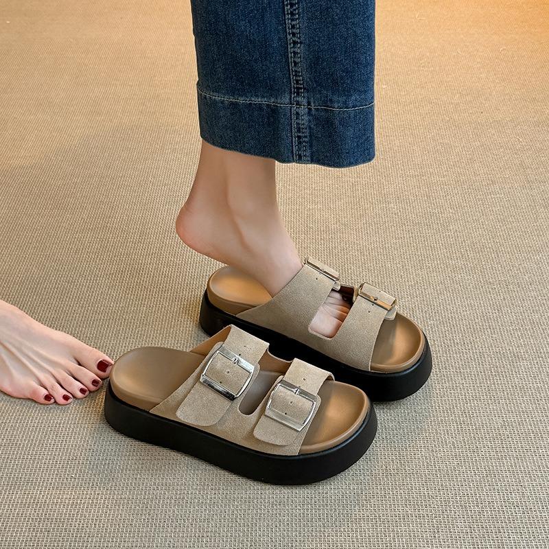 Genuine leather~~ Slippers women's summer outer wear new soft-soled thick-soled belt buckle casual versatile cool slippers