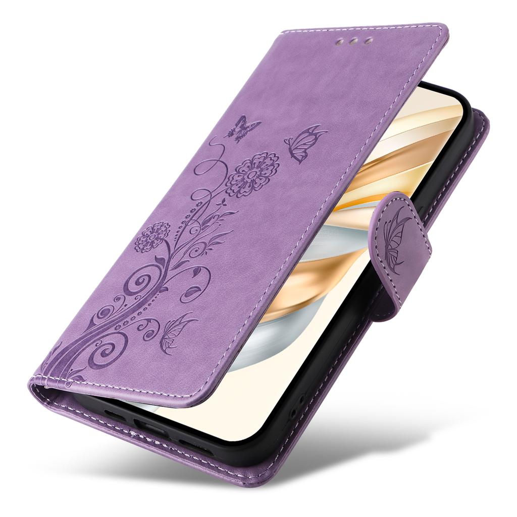 Skórzane etui na telefon dla Honor Magic7 Lite 5G/X9c 5G/X60 Pro 5G z nadrukiem motyla i kwiatów, portfel, etui ze stojakiem