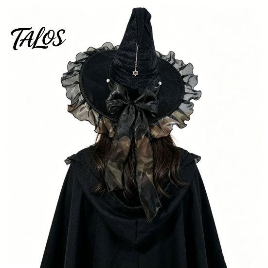 Halloween Witch Hat for Women, Velvet Wizard Hat with Ruffle Brim And Bow for Halloween Party, Masquerade, Cosplay Costume Accessory