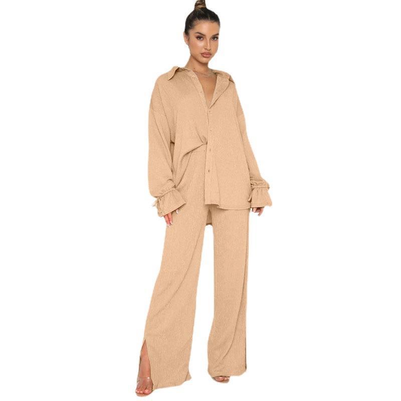 New Women's Fashion Solid Color Lapel Tie-Up Top & Trousers Suit for Spring, Autumn, Winter.