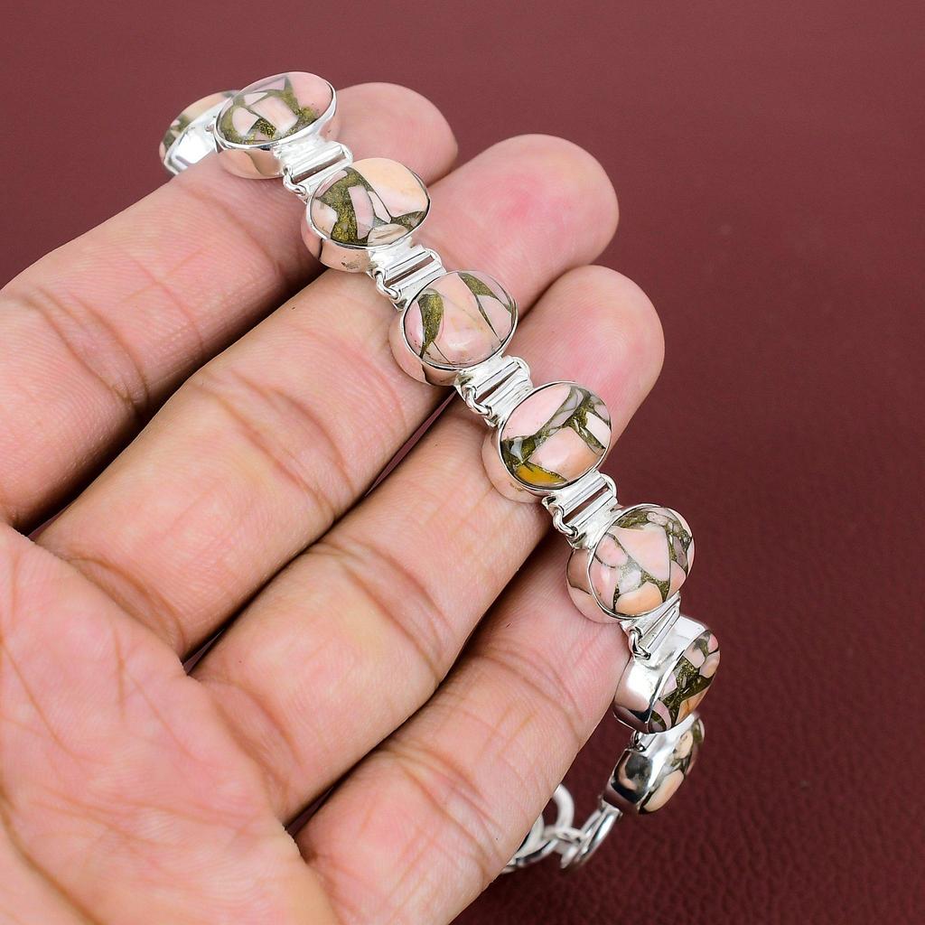 Copper Pink Opal Bracelet Designer Gemstone Jewelry 925 Sterling Silver Bracelet Handmade Bracelet Adjustable Chain Bracelet Gift For Mother