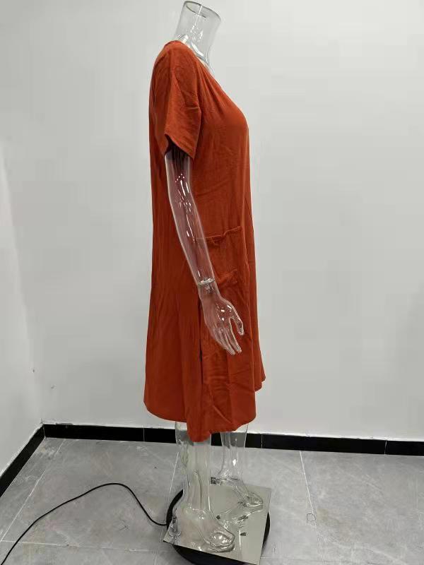 Summer 2025 Cotton Linen Solid Color Loose Fit Short Sleeve Dress