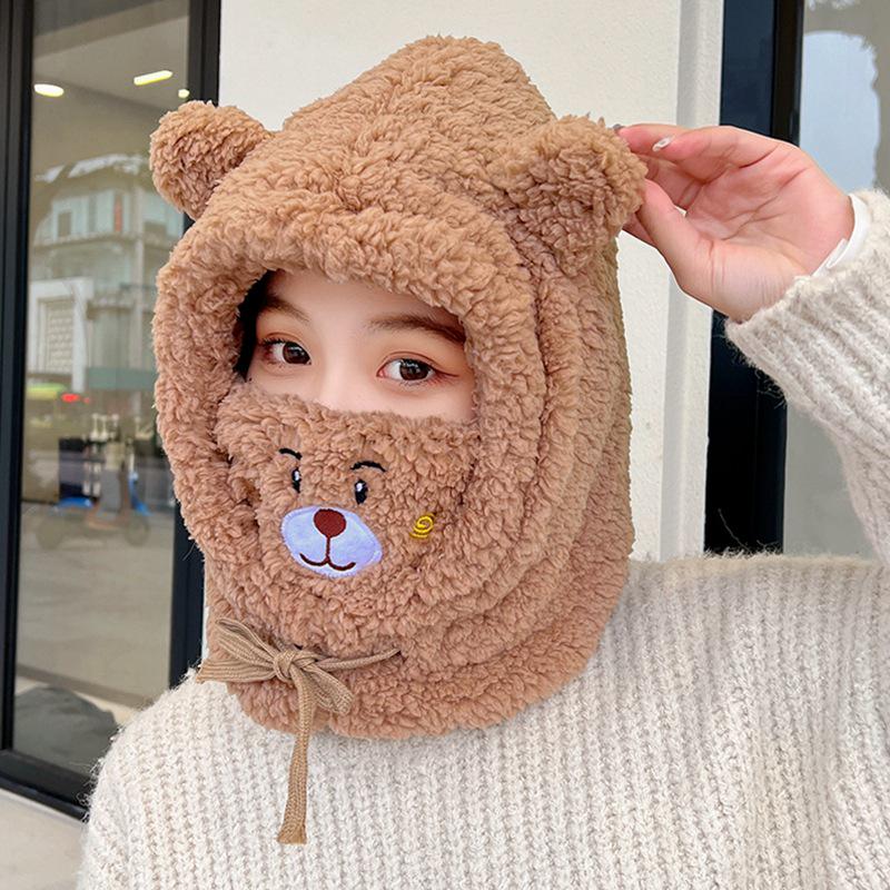 Women's Cute Bear Plush Winter Headband Scarf Mask - Windproof, Warm, Cycling Accessory