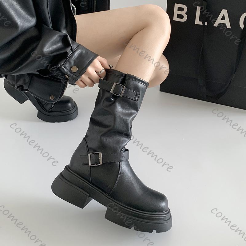 Fashion Comemore Vintage Thick Bottom Mid-calf Boots Women Autumn Soft Leather Western Short Bottes Femmes Chunky Heeled Boots for Woman