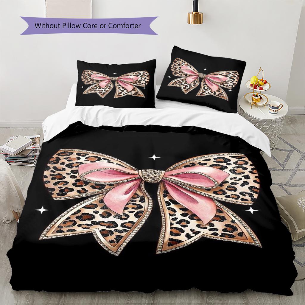 Leopard Bow Pattern Bedding Quilt Set Quilt Cover Pillowcase Home Decoration Gift (1 * duvet cover + 2 * pillowcase, without core)