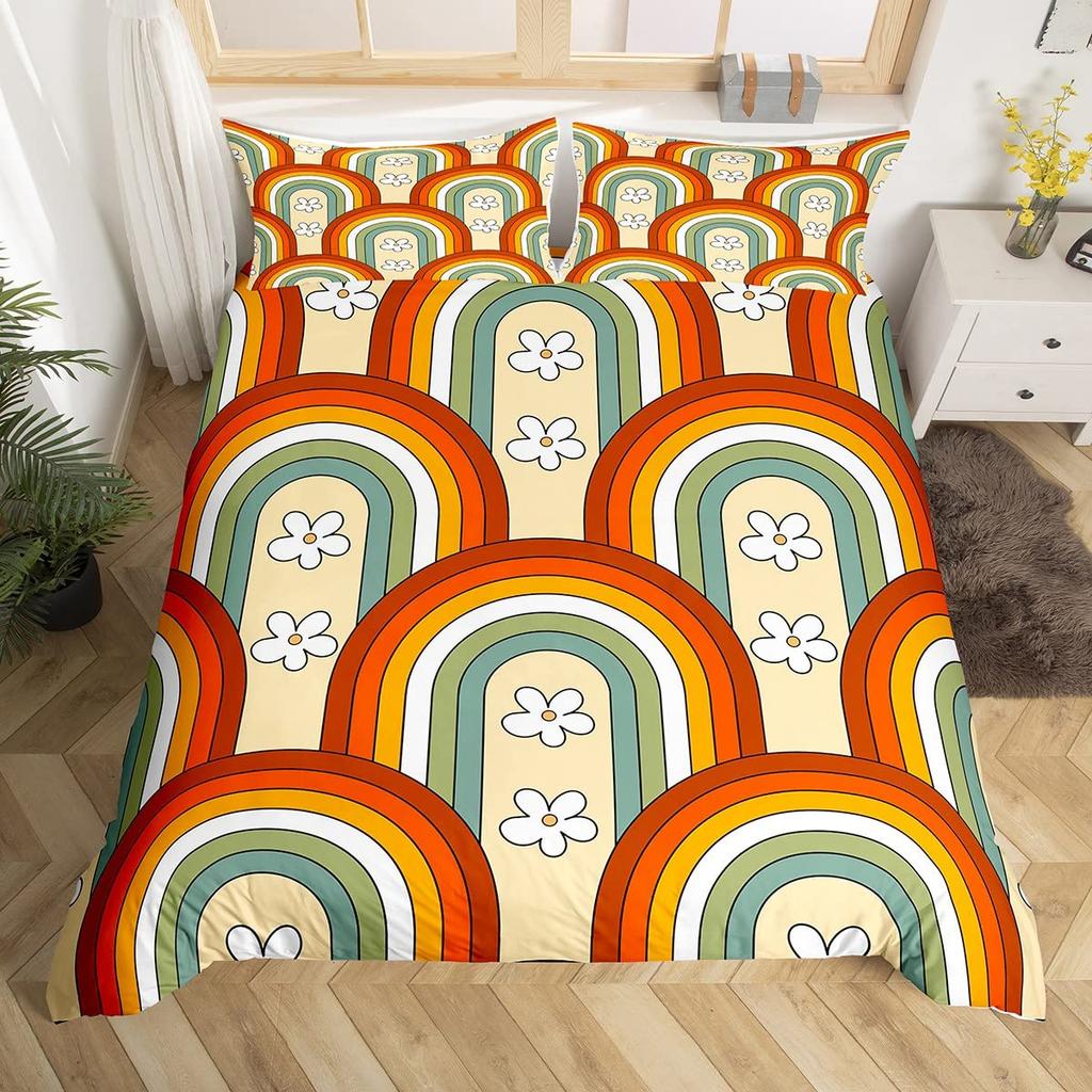Rainbow King Queen Duvet Cover Colorful Rainbows Bedding Set Watercolor Floral Butterfly Comforter Cover Polyester Quilt Cover