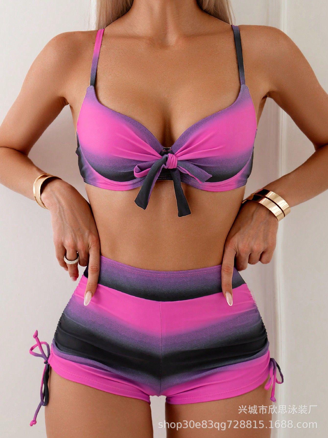Split striped swimsuit drawstring backless gathering swimming European and American sexy swimsuit women S