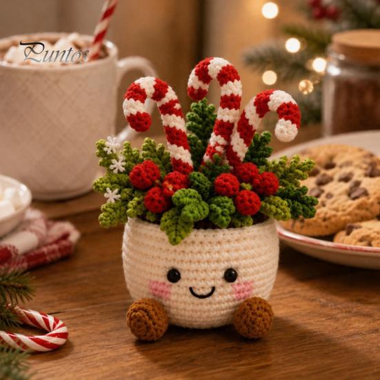 Holiday Gift Ideas for Family Simulated Crochet Christmas Potted Decor, Knitted Mini Artificial Tree Flower Handmade Crocheted Yarn Flowers Ornament,