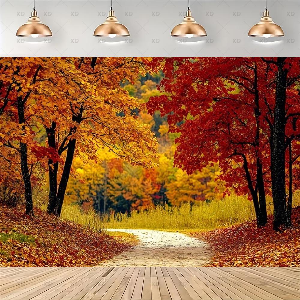 Rustic photographic backdrop: Maple forest, orange autumn leaves, pumpkin banner, for baby shower decorations4927