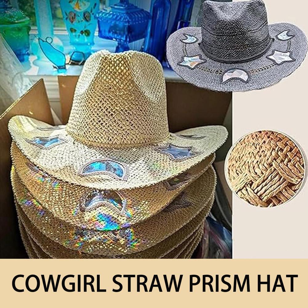 Beach Cowboy Suncatcher Cowgirl Straw Prism Hat Vintage Summer Jazz Cap Woven Sun Hat for Music Festival Party