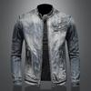 High End Men's Denim Jacket Casual Retro Big Size Stand Collar Zipper Biker Motorcycle Coat