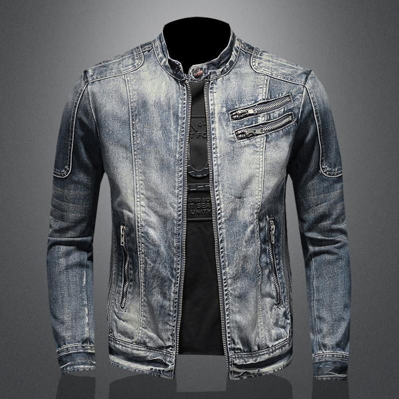 High End Men's Denim Jacket Casual Retro Big Size Stand Collar Zipper Biker Motorcycle Coat