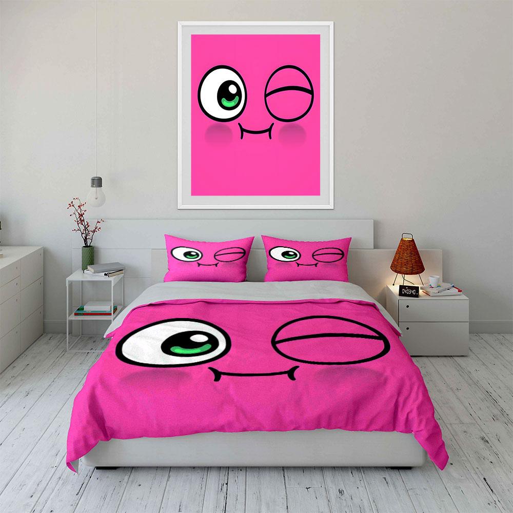 Cute Winking Face on Pink Background Print Bedding Set Duvet Cover Pillowcases (1* Duvet Cover 2* Pillowcases Do Not Include Comforter)
