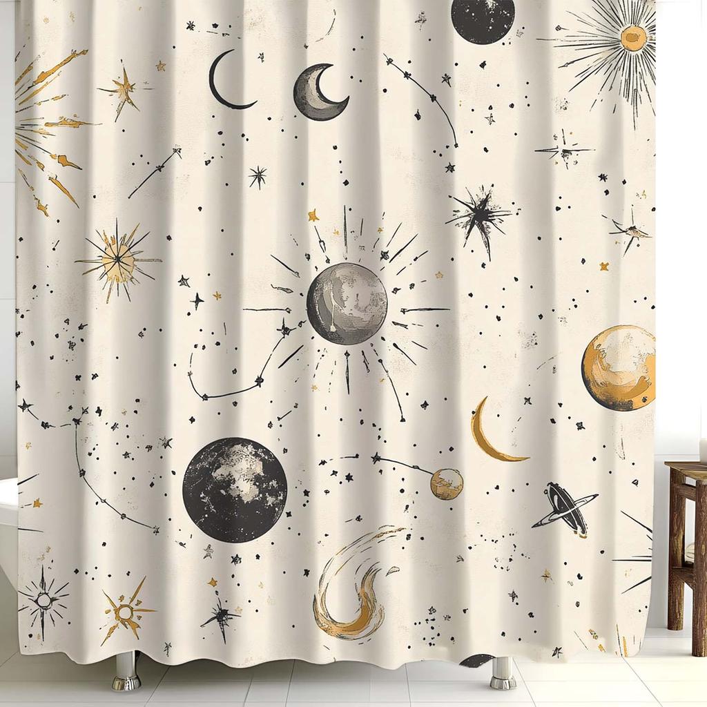 1pc Minimalist Star & Moon Shower Curtain - Waterproof Polyester, 12 Hooks, Machine Washable, Includes Window Curtain