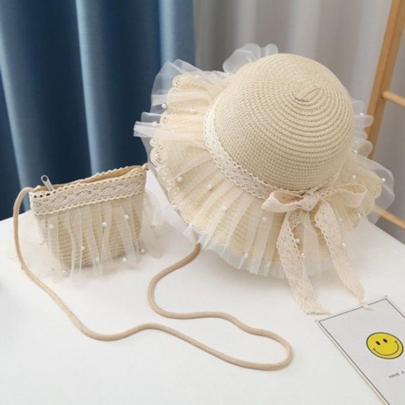 Baby-Mädchen Strohhut 3-6 Jahre Mädchen Sommer Strandhüte mit Schleife Perlen Sonnenschutzhüte für Kinder
