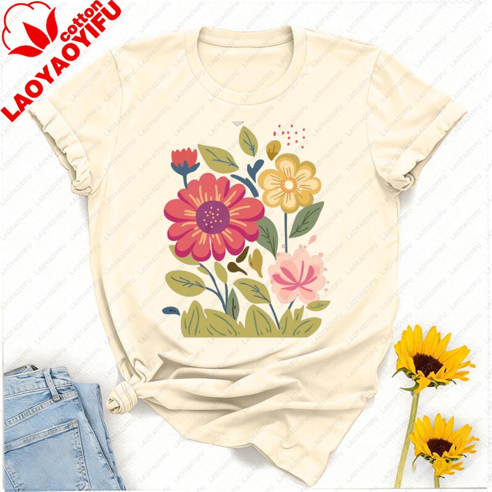 Unisexs Floral Graphic TShirt Short Sleeve Wildflower Tee Colorful Botanical Print Soft Cotton Crew Neck Shirt Spring Summer