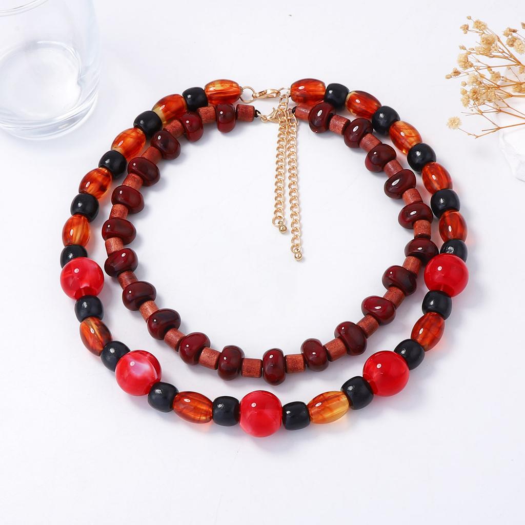 Personality trend retro ethnic style geometric wood plastic beaded multi-layer stacked necklace casual simple woman