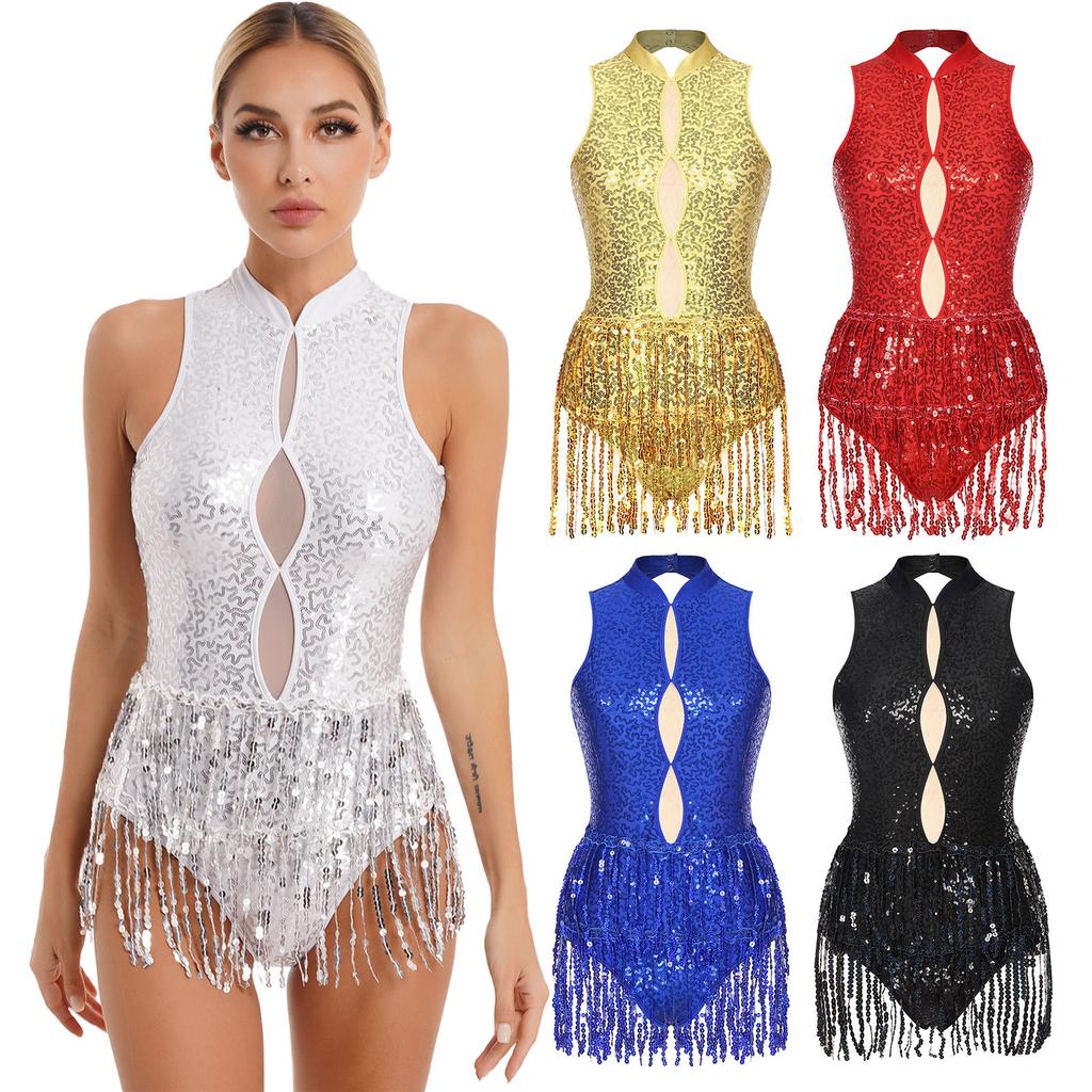 Maillot de corps brillant à paillettes et franges pour femme Trou de serrure Sans manches Dos nu à franges Costume de performance de danse