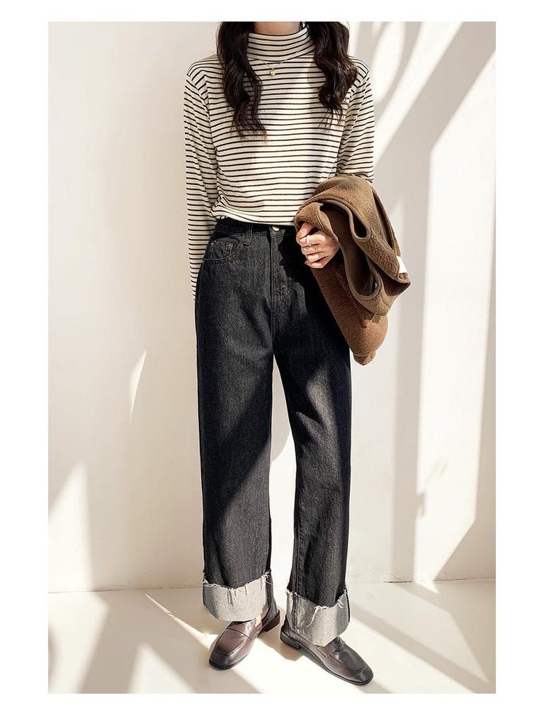 Women's Striped Half-High Neck Base Layer Top - Cozy Autumn/Winter Korean Style Innerwear