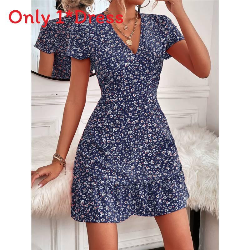 Summer Chic Floral Print V Neck Dress With Ruffle Hem For Casual And Beach Wear