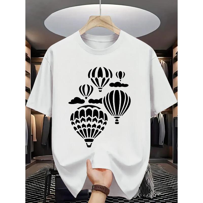 European Size Men'S Summer Casual T-Shirt with Stylish Hot Air Balloon Print, 100% Cotton Crew Neck Short Sleeve Tee, Lightweight & Breathable Fabric